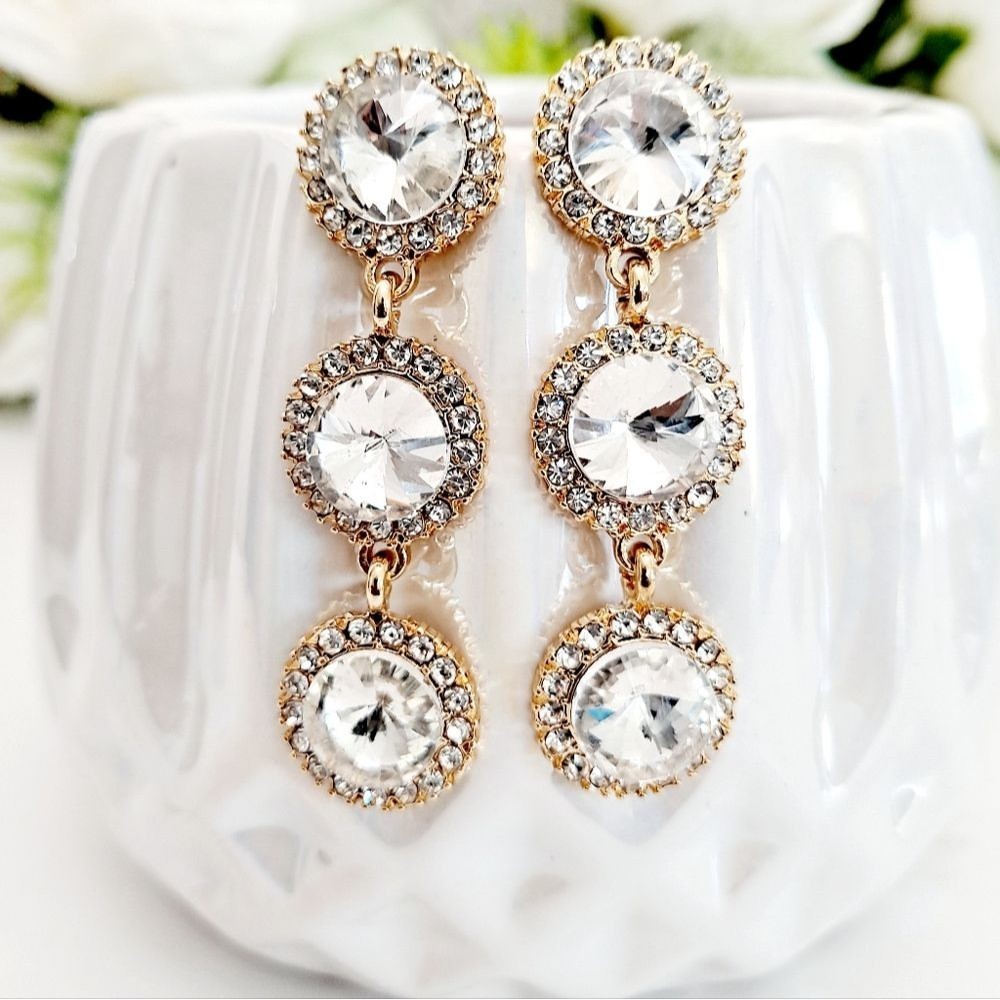 Gold rhinestone statement dangle earrings formal wedding prom events 💖2/$30
